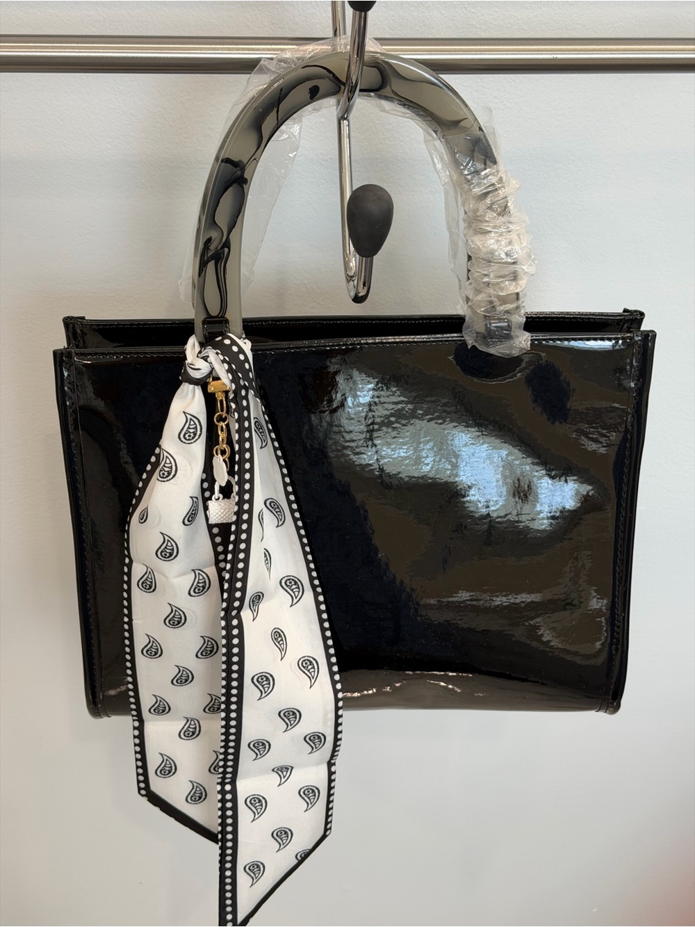 Neiman Marcus Black Patent Tote with White Paisley Scarf